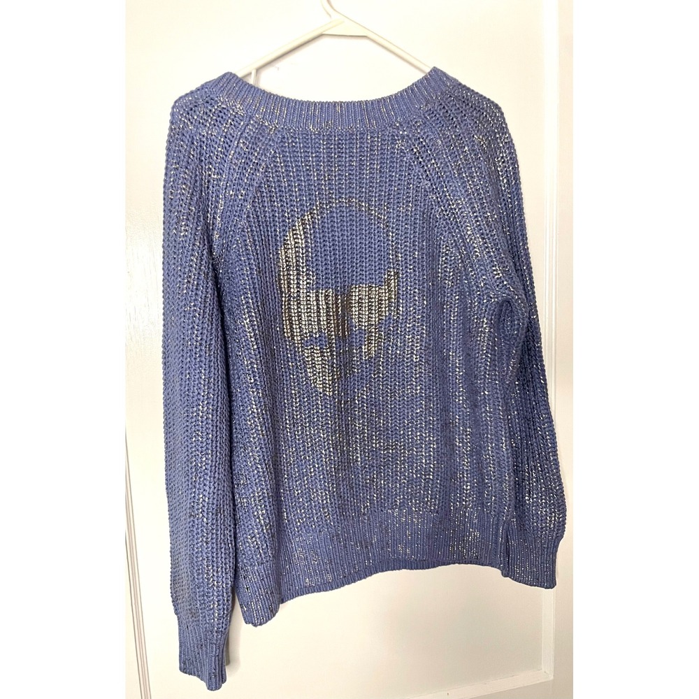 Skull Cashmere XS‎ Sweater Blue Metallic Knit V Neck Pullover Halloween